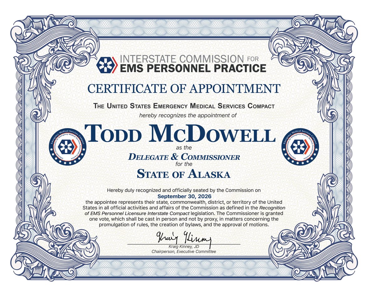 Certificate of Appointment, EMS Compact Commissioner Todd McDowell